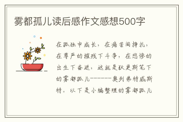 霧都孤兒讀后感作文感想500字