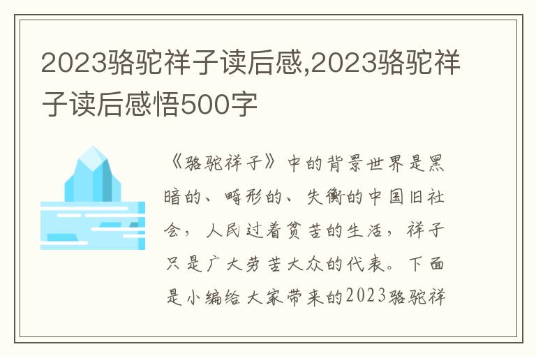 2023駱駝祥子讀后感,2023駱駝祥子讀后感悟500字