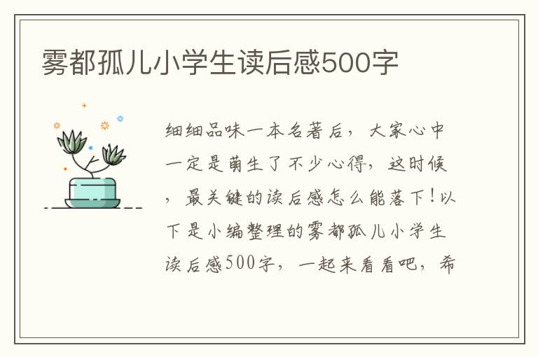 霧都孤兒小學生讀后感500字