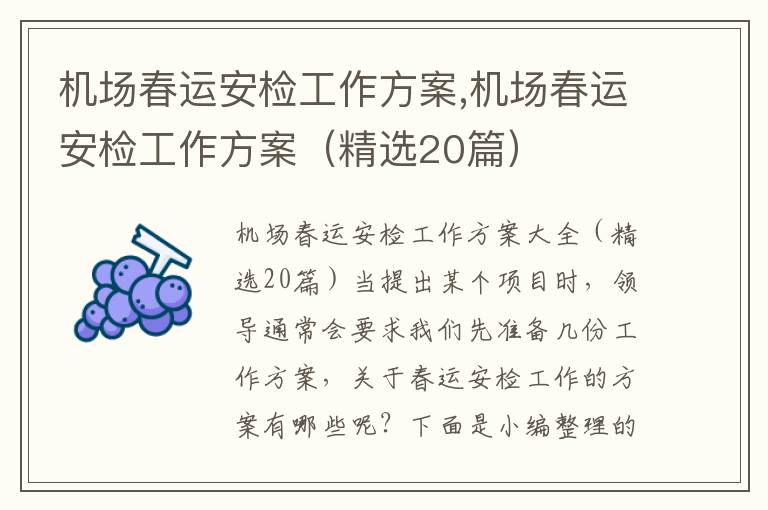 機場春運安檢工作方案,機場春運安檢工作方案（精選20篇）