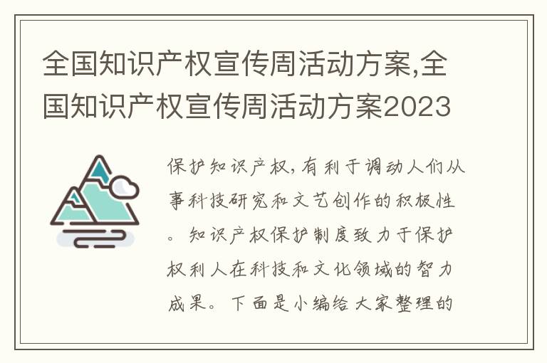 全國知識產權宣傳周活動方案,全國知識產權宣傳周活動方案2023最新版5篇