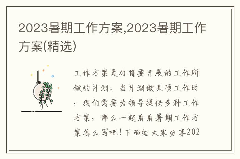 2023暑期工作方案,2023暑期工作方案(精選)