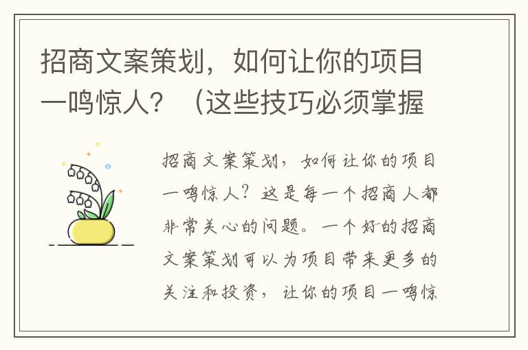 招商文案策劃，如何讓你的項(xiàng)目一鳴驚人？（這些技巧必須掌握）