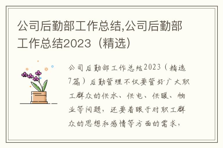 公司后勤部工作總結,公司后勤部工作總結2023（精選）