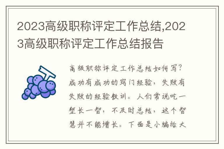 2023高級職稱評定工作總結(jié),2023高級職稱評定工作總結(jié)報告