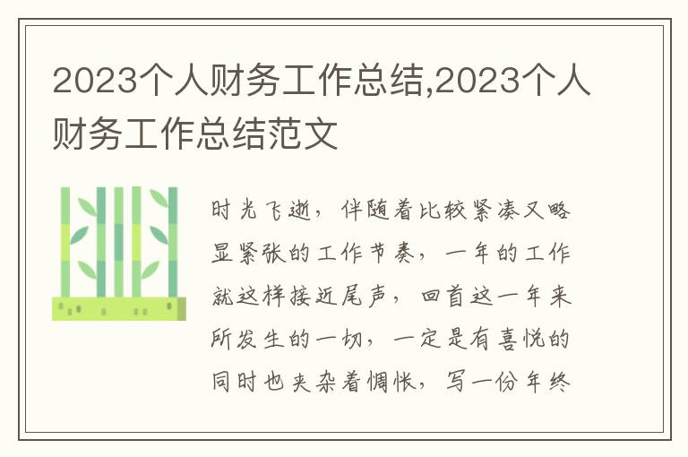 2023個人財務(wù)工作總結(jié),2023個人財務(wù)工作總結(jié)范文