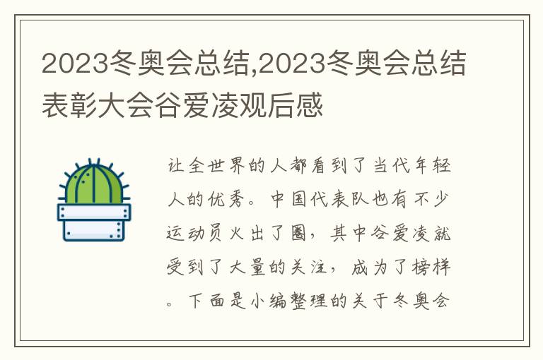 2023冬奧會總結,2023冬奧會總結表彰大會谷愛凌觀后感