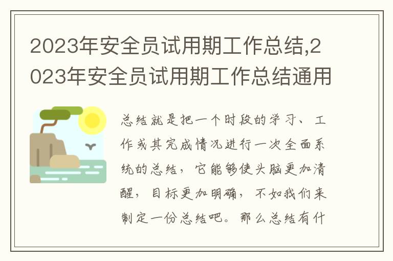 2023年安全員試用期工作總結,2023年安全員試用期工作總結通用范文