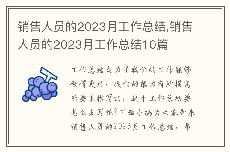 銷售人員的2023月工作總結(jié),銷售人員的2023月工作總結(jié)10篇