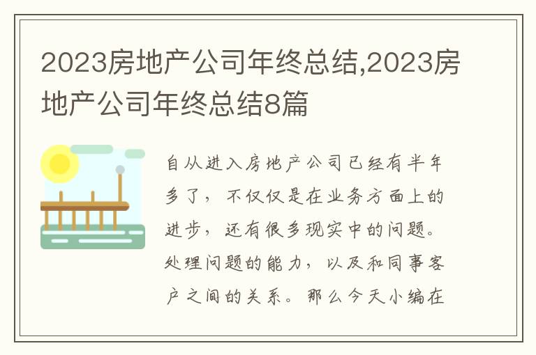 2023房地產(chǎn)公司年終總結(jié),2023房地產(chǎn)公司年終總結(jié)8篇