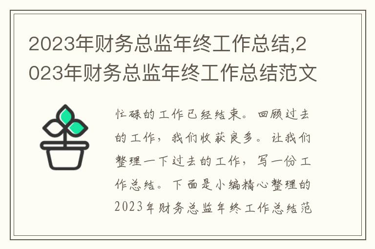 2023年財(cái)務(wù)總監(jiān)年終工作總結(jié),2023年財(cái)務(wù)總監(jiān)年終工作總結(jié)范文