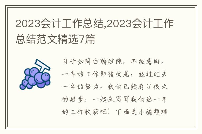 2023會計工作總結(jié),2023會計工作總結(jié)范文精選7篇