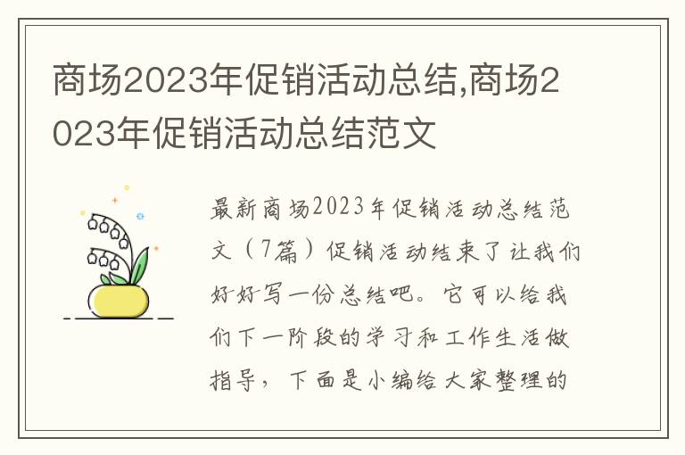 商場2023年促銷活動總結,商場2023年促銷活動總結范文