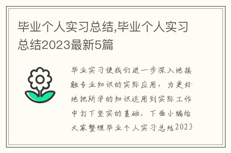 畢業個人實習總結,畢業個人實習總結2023最新5篇