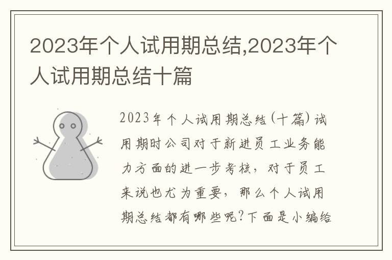 2023年個人試用期總結,2023年個人試用期總結十篇