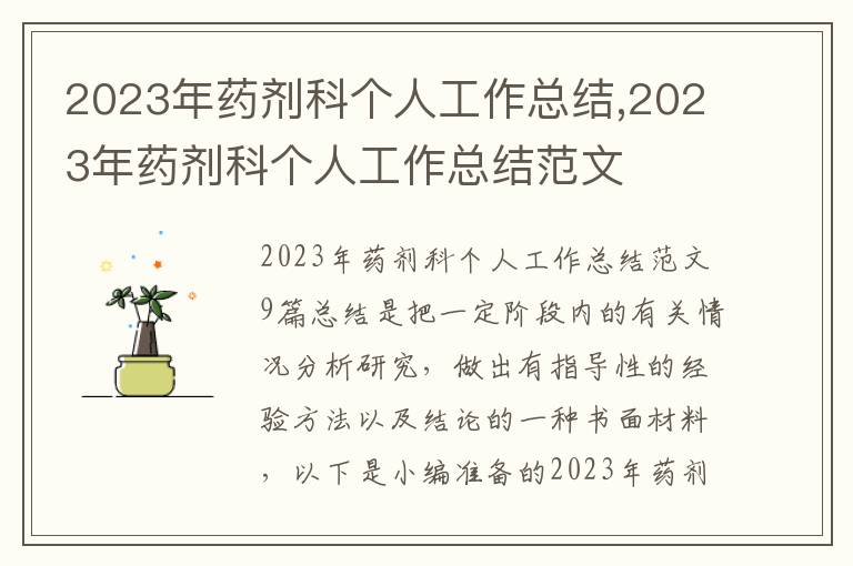 2023年藥劑科個人工作總結,2023年藥劑科個人工作總結范文