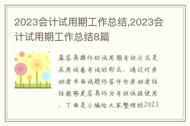 2023會(huì)計(jì)試用期工作總結(jié),2023會(huì)計(jì)試用期工作總結(jié)8篇