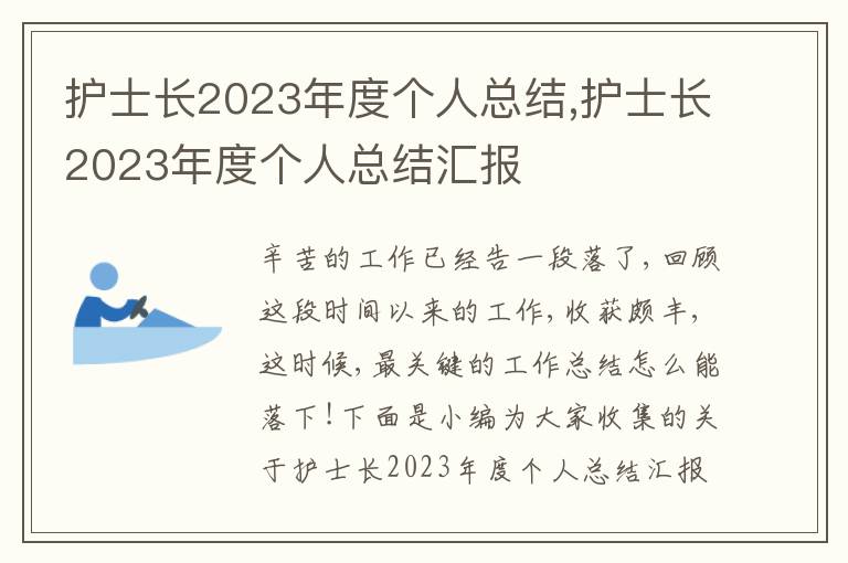 護士長2023年度個人總結(jié),護士長2023年度個人總結(jié)匯報