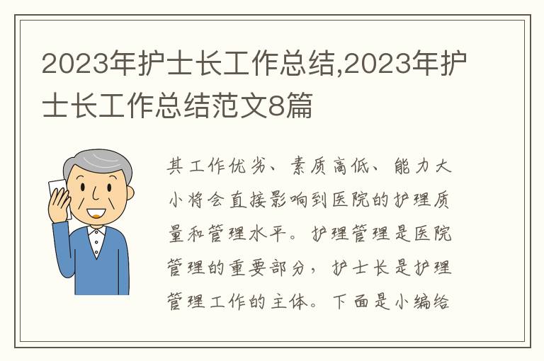 2023年護士長工作總結,2023年護士長工作總結范文8篇