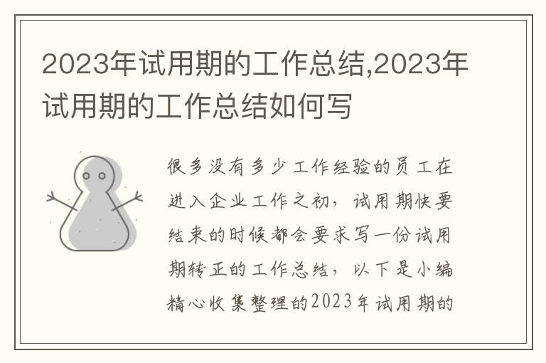 2023年試用期的工作總結(jié),2023年試用期的工作總結(jié)如何寫