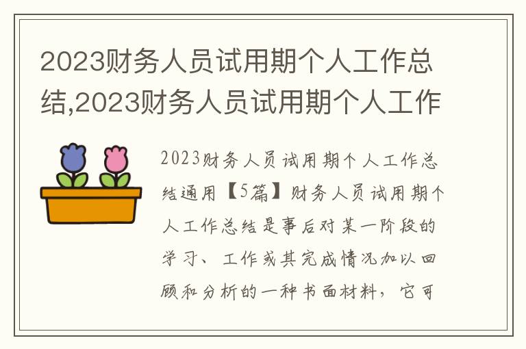 2023財務人員試用期個人工作總結,2023財務人員試用期個人工作總結通用