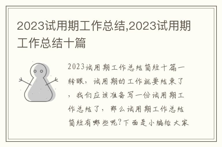 2023試用期工作總結,2023試用期工作總結十篇