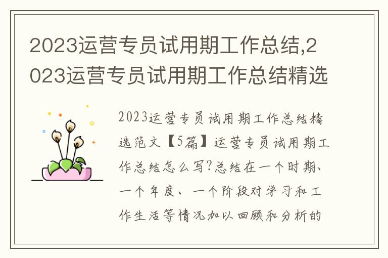 2023運營專員試用期工作總結,2023運營專員試用期工作總結精選范文