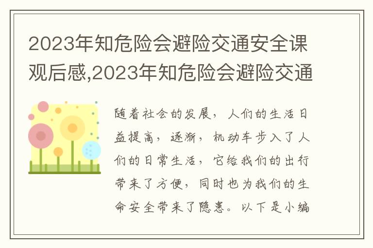 2023年知危險(xiǎn)會避險(xiǎn)交通安全課觀后感,2023年知危險(xiǎn)會避險(xiǎn)交通安全課觀后感10篇