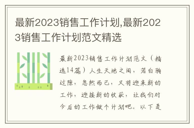 最新2023銷(xiāo)售工作計(jì)劃,最新2023銷(xiāo)售工作計(jì)劃范文精選