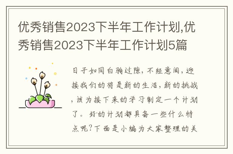 優(yōu)秀銷售2023下半年工作計劃,優(yōu)秀銷售2023下半年工作計劃5篇