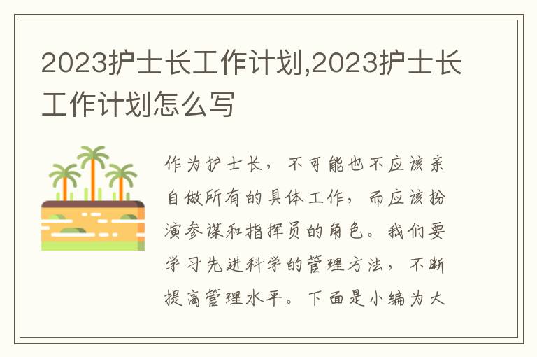 2023護(hù)士長工作計(jì)劃,2023護(hù)士長工作計(jì)劃怎么寫