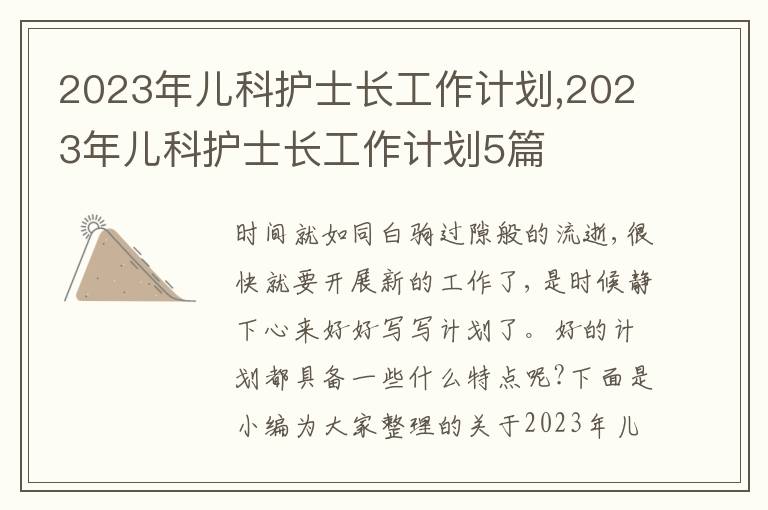 2023年兒科護士長工作計劃,2023年兒科護士長工作計劃5篇