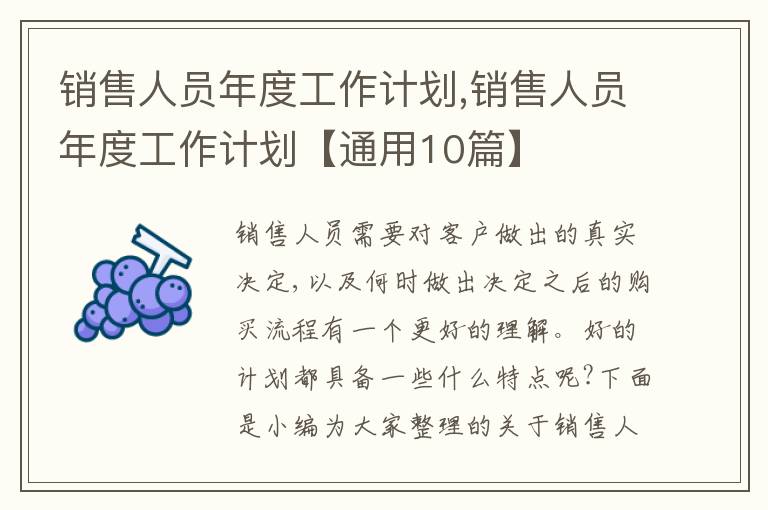 銷售人員年度工作計(jì)劃,銷售人員年度工作計(jì)劃【通用10篇】