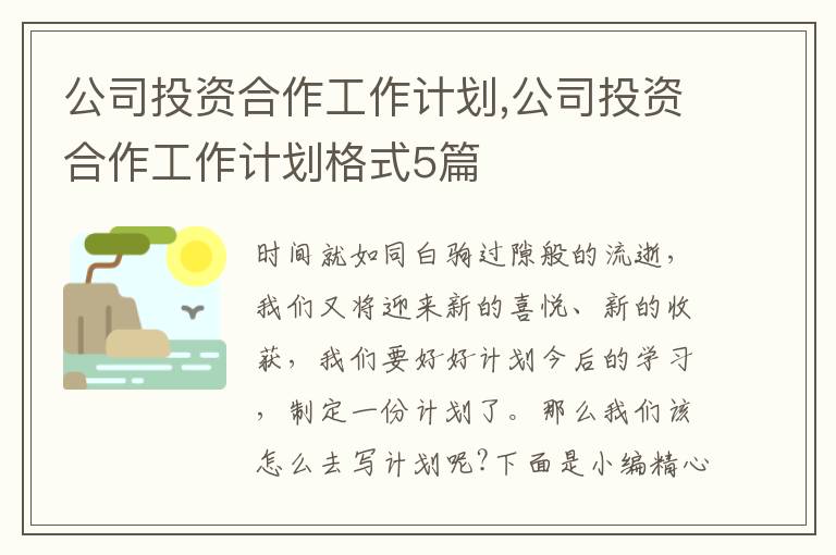 公司投資合作工作計劃,公司投資合作工作計劃格式5篇