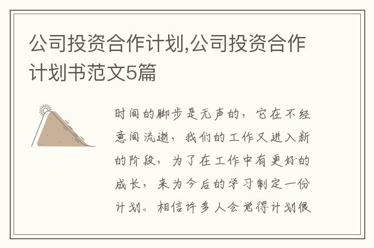 公司投資合作計(jì)劃,公司投資合作計(jì)劃書范文5篇